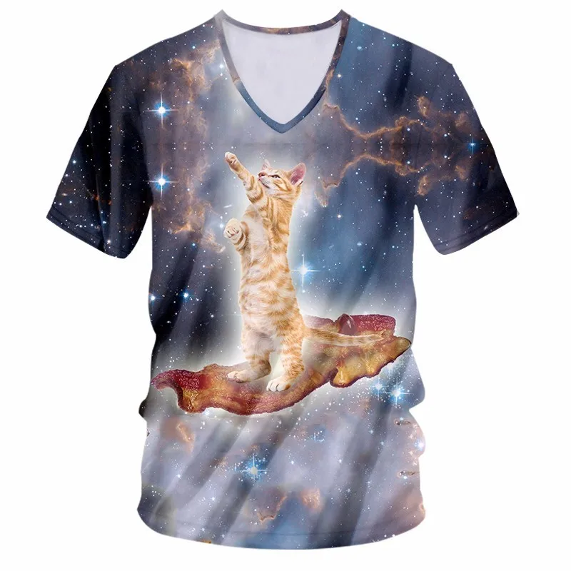 OGKB Men's V Neck Tshirt Funny Print Galaxy Space Cat 3D T-shirts Man Hiphop Streetwear Short Sleeve Unisex Tee Shirts Summer | Мужская