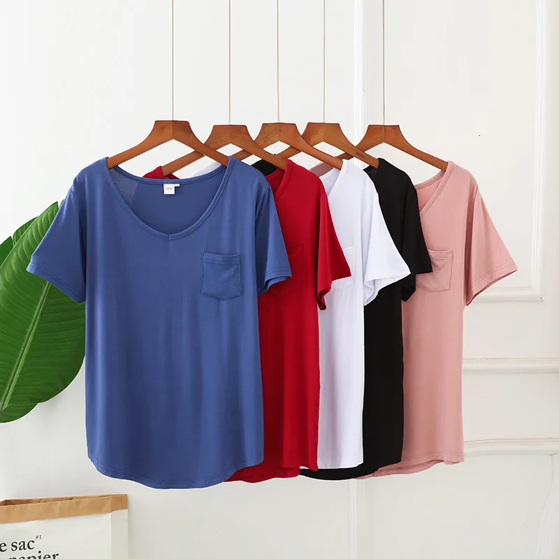 New Women's Pocket T-shirt Summer Plus Size Tee Basic Shirts Women Solid V Neck Short Sleeve Long Casual Loose Female Tops Femme | Женская