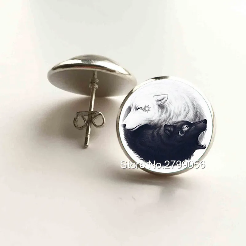 Ying Yang серьги с волком серебряные гвоздики для женщин черные и белые Tai Chi Sign Wolf