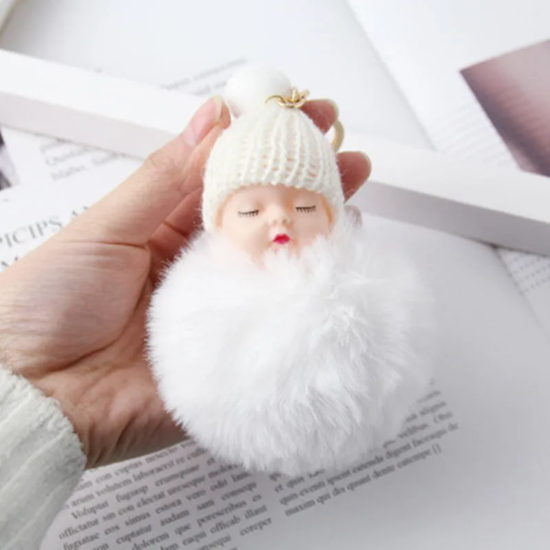 10pcs Fashion Sleeping Baby Doll Keychain Pompom Rabbit Fur Ball Key Chain Car Keyring Women Holder Bag Pendant Charm Gifts | Украшения и