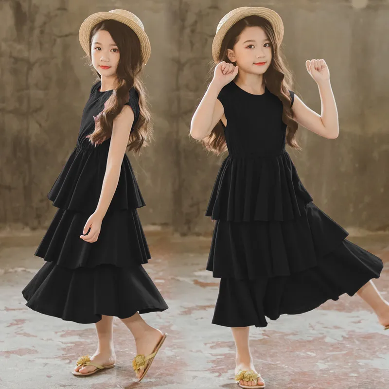 4 to 16 years kids &amp teenager girls solid black layered ruffle flare long dress children fashion summer casual maxi dresses | Детская