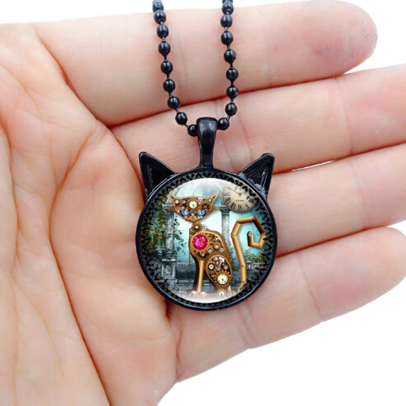 2017 Vintage Jewelry Mechanical Cat Charm Necklace Clock Necklaces &amp Pendants Silver Chain for Women bijoux chat | Украшения и