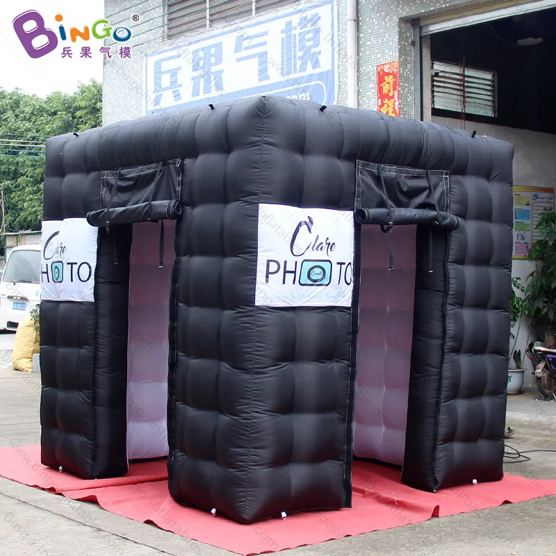 

Free shipping 2.4X2.4X2.4 m black outside white inside inflatable photo booth cabin kiosk with logo for advertising toy tent