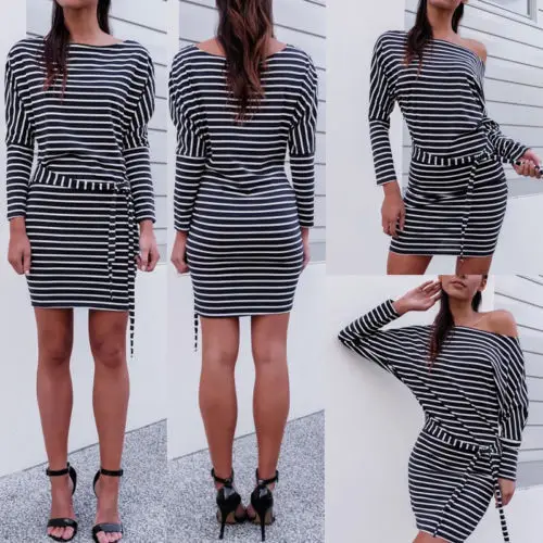 Женское Повседневное платье с длинным рукавом в полоску со шнуровкой круглым
