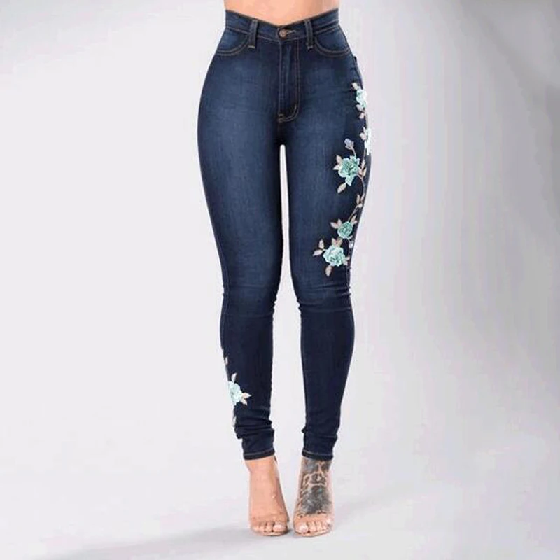 

YL 2017 Women Jeans Plaid Button Fly Sexy Appliques Print Jeans High Waist Jeans Ripped Jeans For Women Plus Size