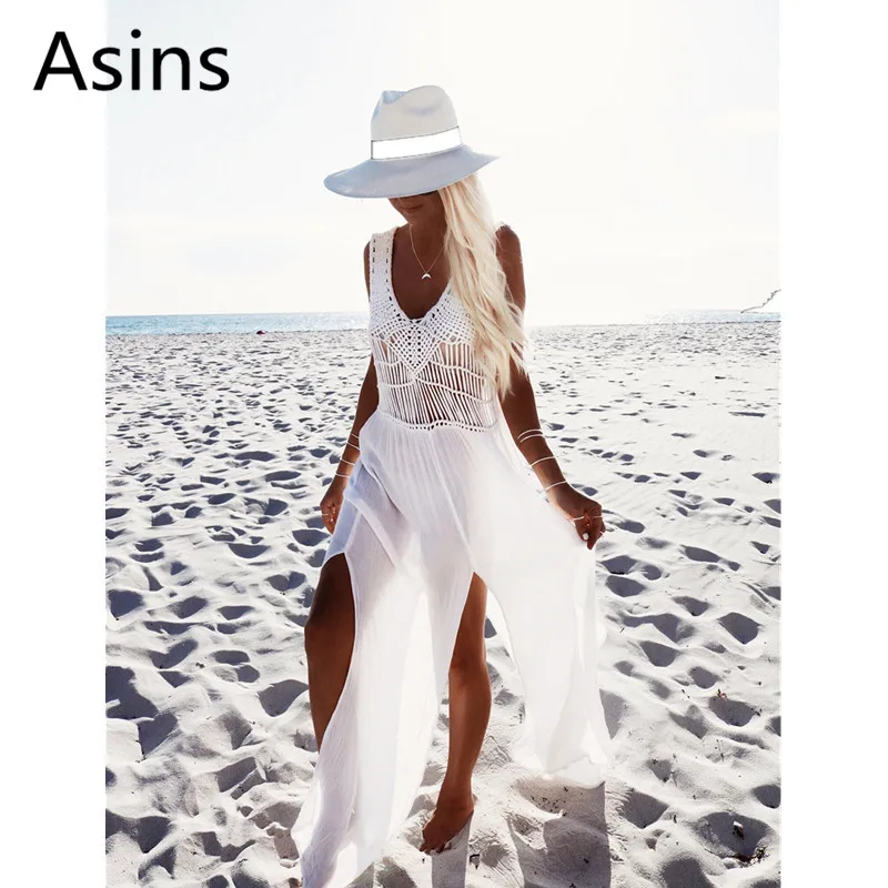 

Asins dress woman 2019 summer new hot casual fashion V neck high waist solid color hollow out wild lacing loose sexy long dress