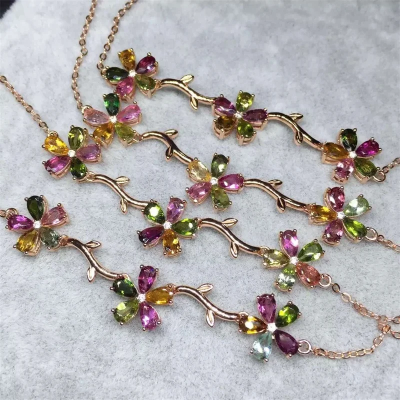 SHIQING Rainbow gemstone tourmaline rose gold white color 925 sterling silver fashion flower charming bracelet for gift | Украшения и