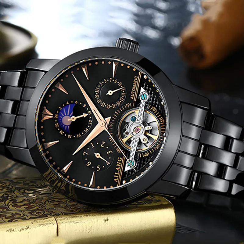 Классические мужские часы Tourbillon полностью Стальные наручные с автоподзаводом
