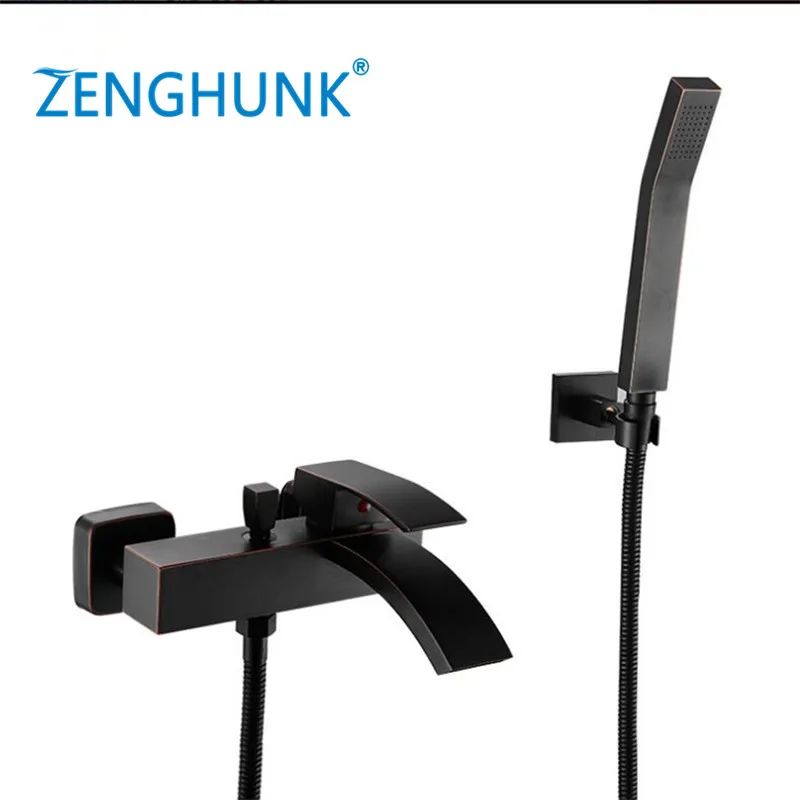 

Bathtub Faucet Wall Mounted Black Oil Brushed Bathtub Faucet With Hand Shower Bathroom Bath Shower Faucets Torneiras