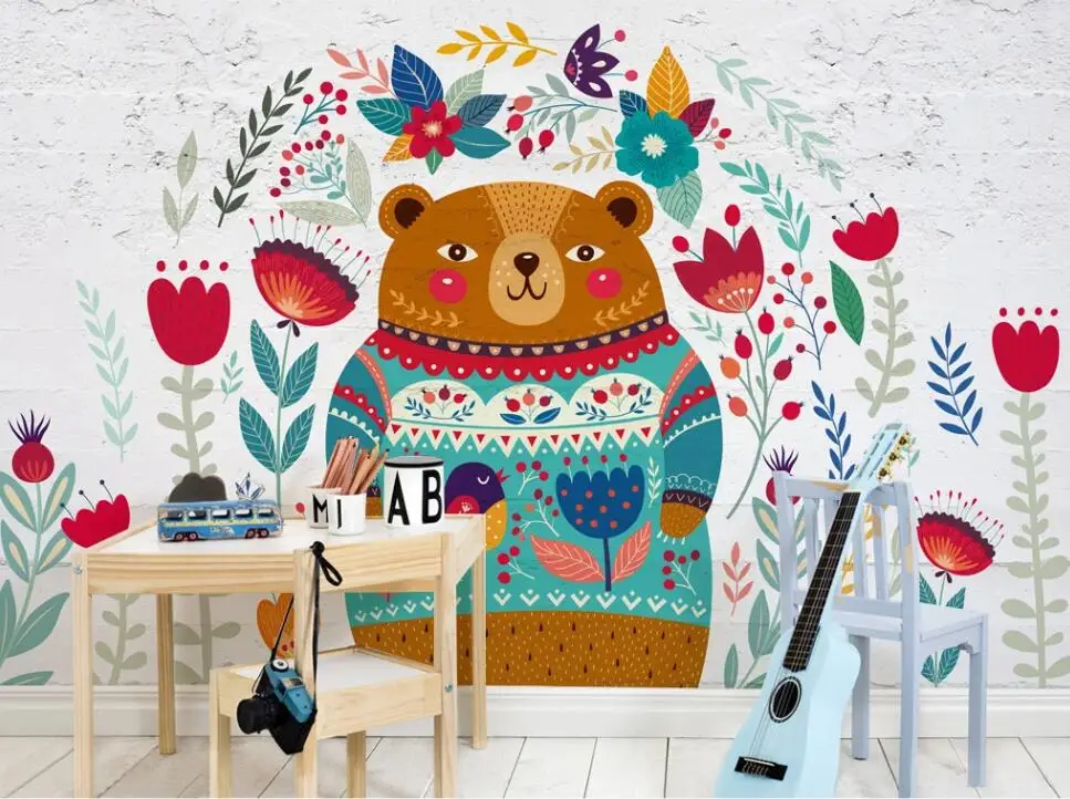 

Nordic wind teddy bear children room background wall paper mural 3D