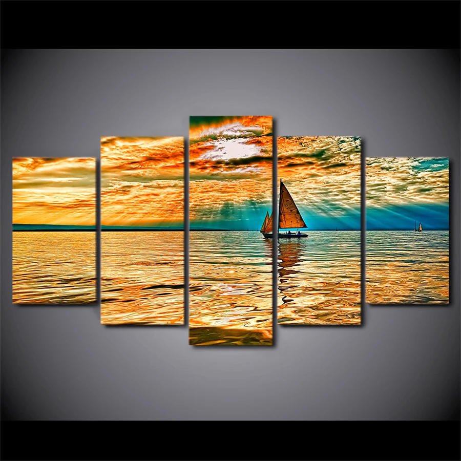 Drop Shipping HD Printed 5 piece canvas art sky clouds sun rays lake sailboat Painting Canvas Print room decor print | Дом и сад