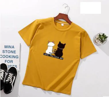 Yellow Женские футболки с принтом "Два кота", весна-лето, короткий рукав, круглый вырез, хлопок, спандекс, женские топы, футболки, облегающие Женские футболки - Цвет: Yellow