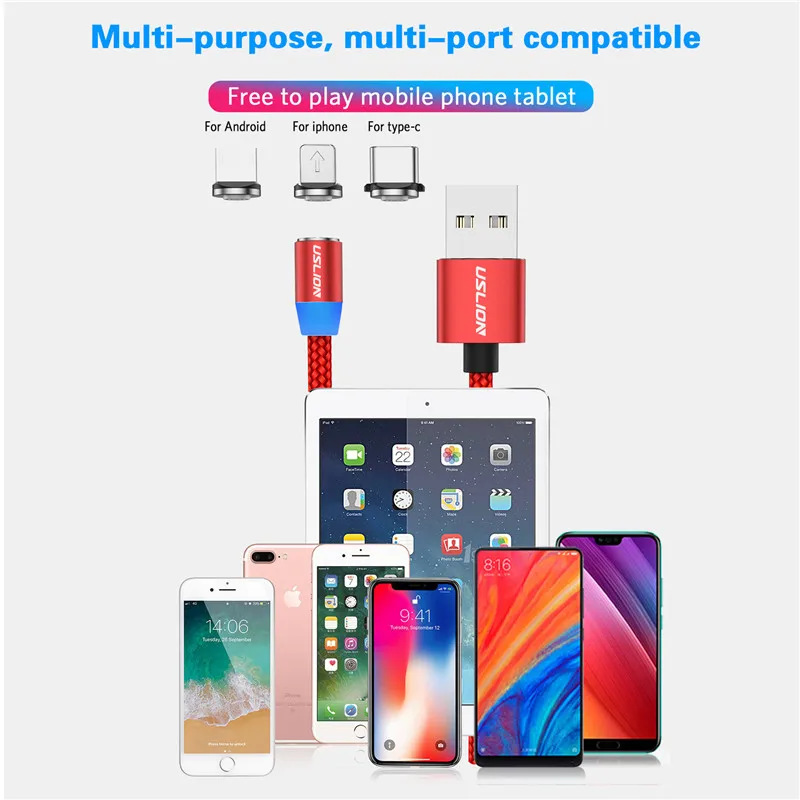 USLION 1 м Быстрая зарядка Магнитный Micro usb type-C кабель зарядное устройство для huawei P30 mate 20 Pro 3A светодиодный магнитный кабель usbc для передачи данных
