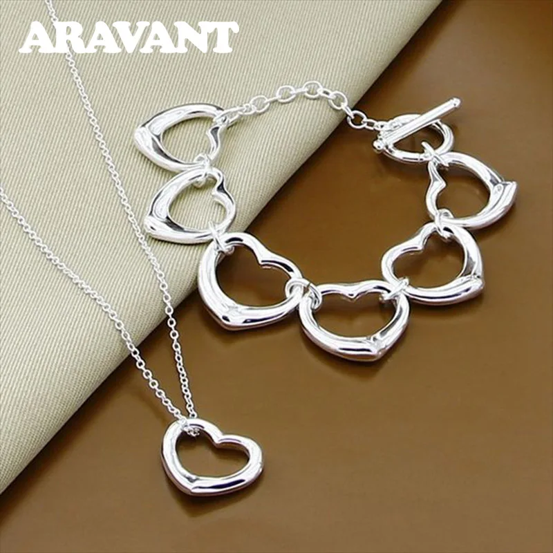 

925 Silver Jewelry Set Love Heart Charm Bracelets Necklaces Chains For Women Silver Jewelry