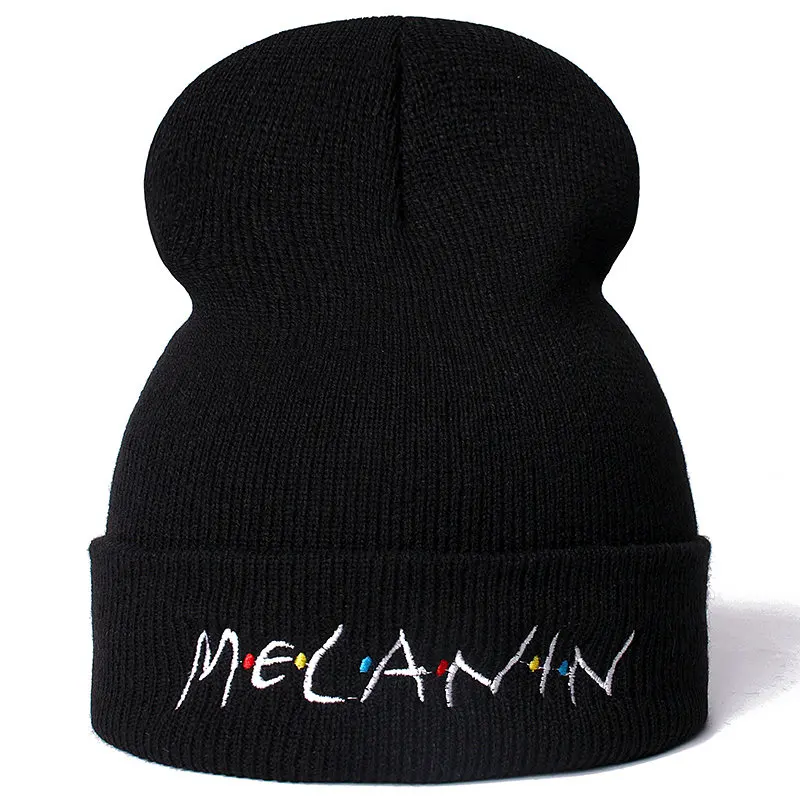 Высококачественные повседневные шапочки с надписью Melanin для мужчин и женщин, Модная вязаная зимняя шапка хип-хоп Skullies Hat, Прямая поставка - Цвет: Черный