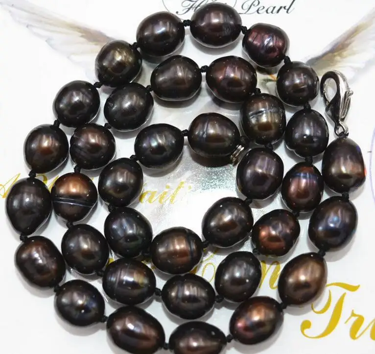 

New NATURAL 10-11MM unique TAHITIAN RICE BLACK PEARL NECKLACE 18"