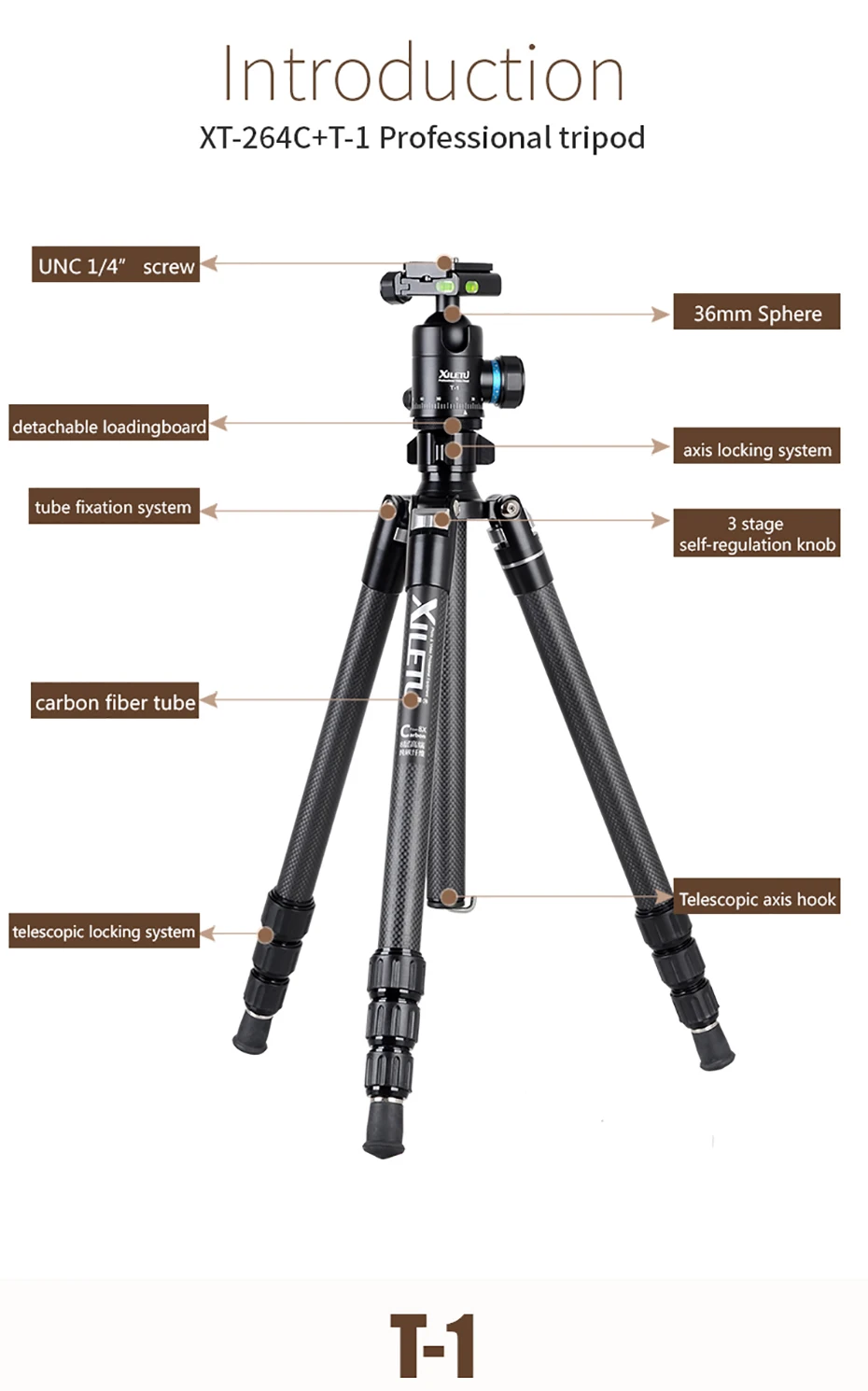 XILETU XT-264C+ T-1 Профессиональный штатив из углеродного волокна для камеры дорожная подставка для цифровой камеры DSLR Nikon с панорамной шаровой головкой
