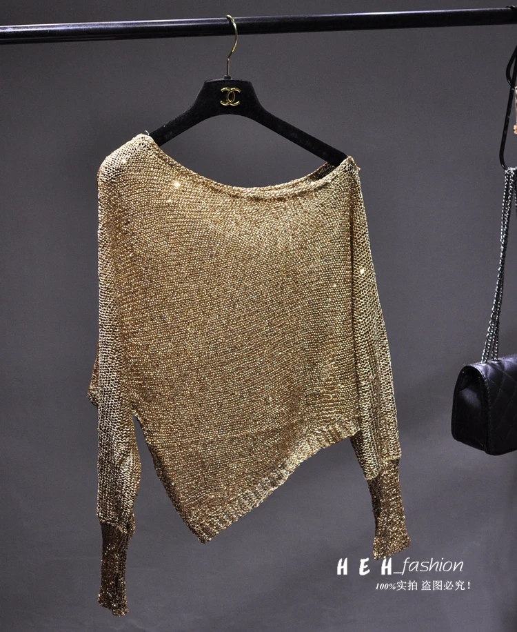 Autumn-Spring Fashion Women Sexy Sequined One Shoulder Loose Sweater Outerwear Pullover Long Sleeve Irregular Knitted Sweaters | Женская