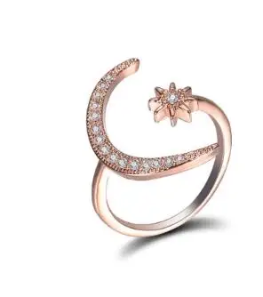 rose gold Модные кольца с Луной и звездой, серебряные, открытые, кольца на палец для женщин, девушек, ювелирные изделия, критальное кольцо, обручальное кольцо, ювелирные изделия для помолвки, подарок - Цвет основного камня: rose gold