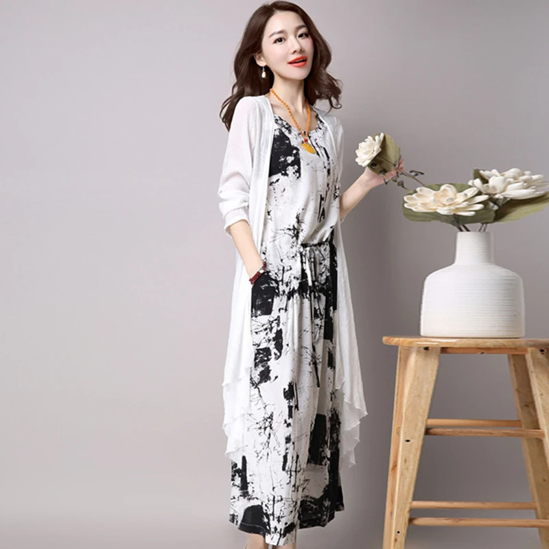Женское летнее платье кардиган куртка 2 предмета в китайском стиле длинное с
