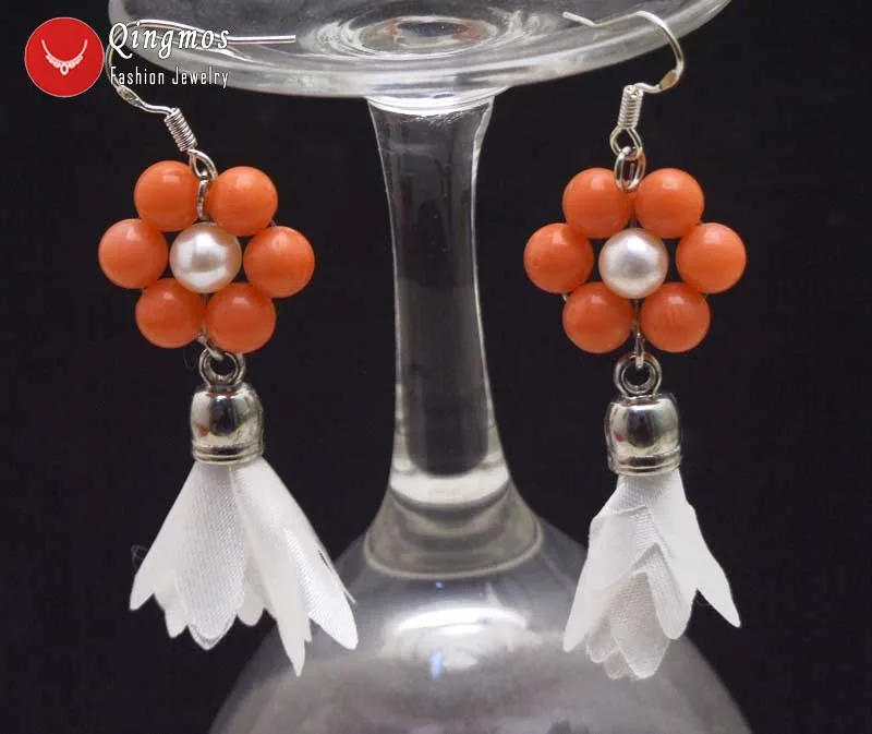 

Qingmos Trendy Natural Pearl Earrings for Women with 6-7mm Pink Round Coral & Pink Silk Flower Tassel Earring Fine Jewelry-ea594