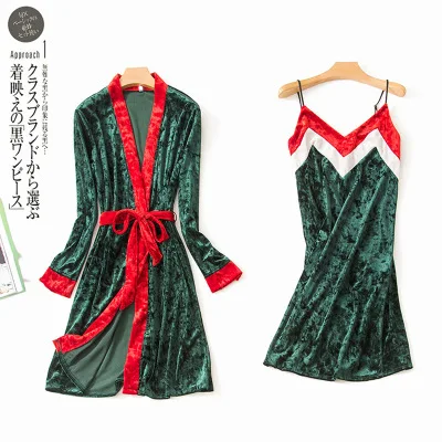 Luxury Women Velvet Robe and Gown Set Contrast Clor Nightdres Two Piece Autumn Winter Sleepwear Homewear High Grade | Женская одежда