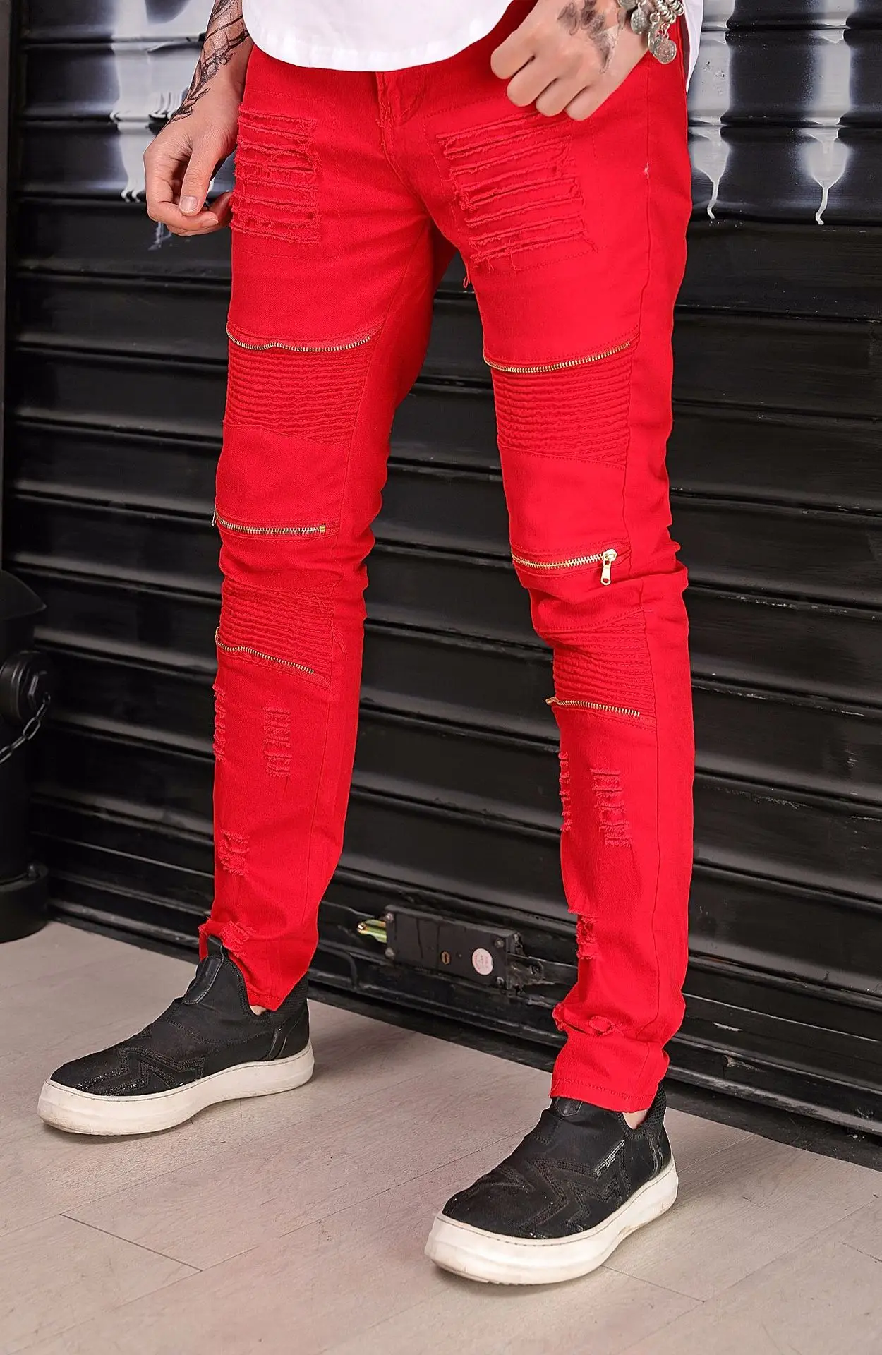2019 New Fashion High Street Men's Jeans Zipper Knee Hole Male Spring Red Denim Elastic Skinny Ripped Trousers | Мужская одежда