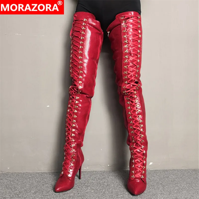 MORAZORA/2020 Новые ботфорты выше колена Женские гладиаторские вечерние туфли на