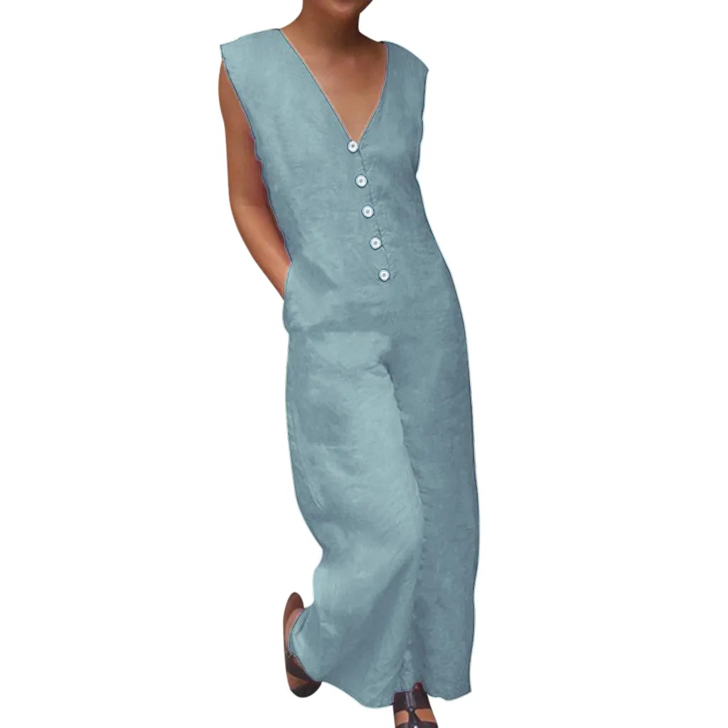 Женский офисный комбинезон с глубоким V образным вырезом без рукавов на