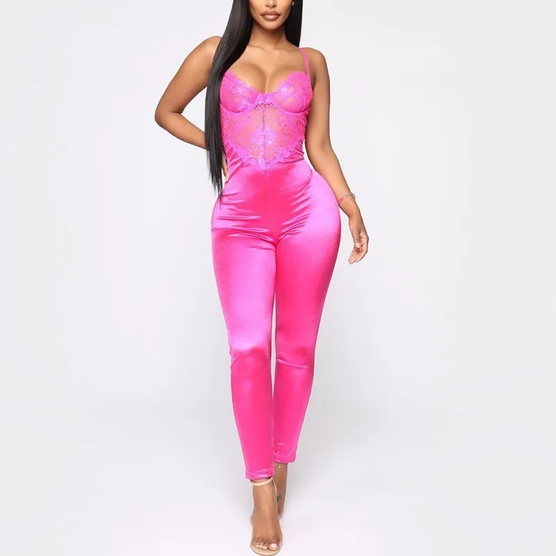 Черный кружевной лоскутный атласный комбинезон боди Женский Комбинезоны