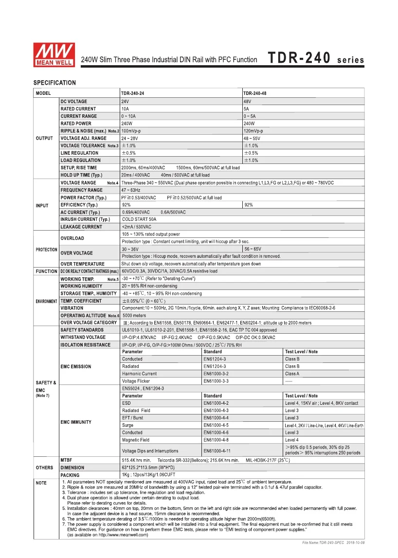 MEANWELL TDR-240-24 трехфазный 340-550VAC широкий диапазон вход в DC 24V импульсный источник питания 240W 24V 10A