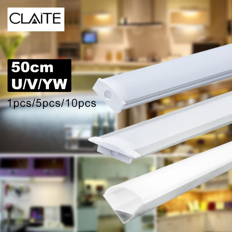 CLAITE, новинка, U V YW, три стиля, 50 см, алюминиевый держатель для светодиодных лент, светильник под шкаф, кухонная лампа, ширина 1,8 см