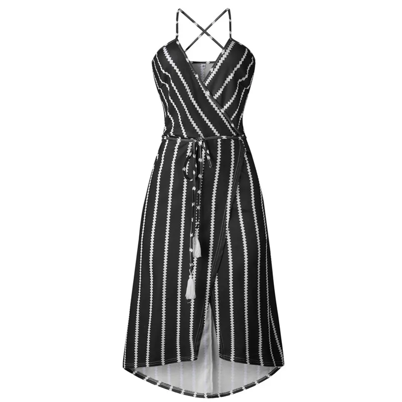 Bohemian V-Neck Split High Waist Asymmetrical Strap Sexy Striped Party Dresses Casual Beach Summer Dress Women VestidosO90 | Женская