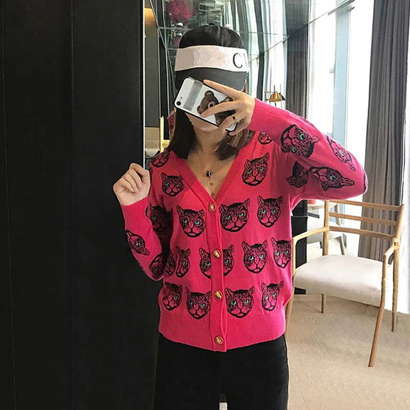 2018 fashion Winter Cat Head Pattern Vintage Oversized Sweater Jacket Jersey Luxury Wool Knit Jumper Runway Designer Cardigan |