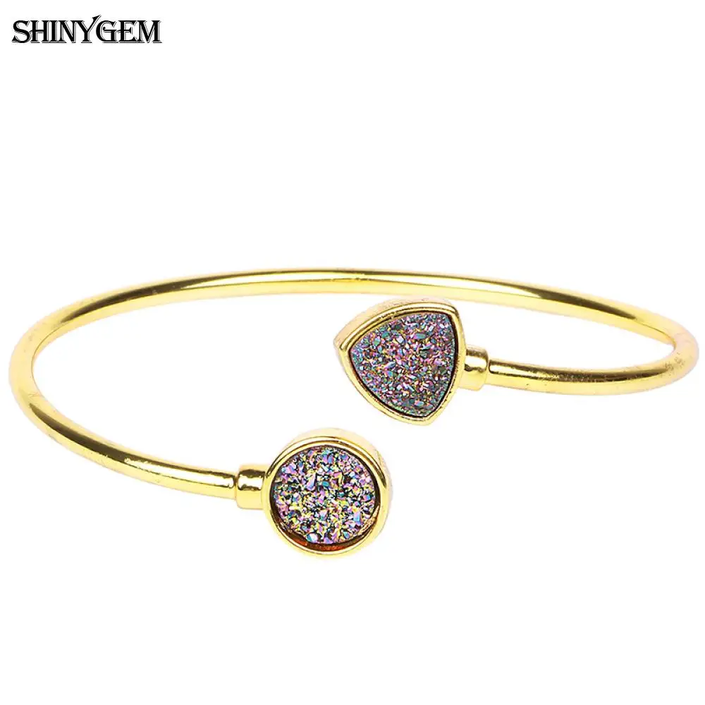 Rainbow Браслеты ShinyGem, винтажные, сверкающие, Druzy, с кристаллами, открытые, позолота, треугольник, Круглый, натуральный, Druzy камень, браслет, браслеты для женщин - Окраска металла: Rainbow