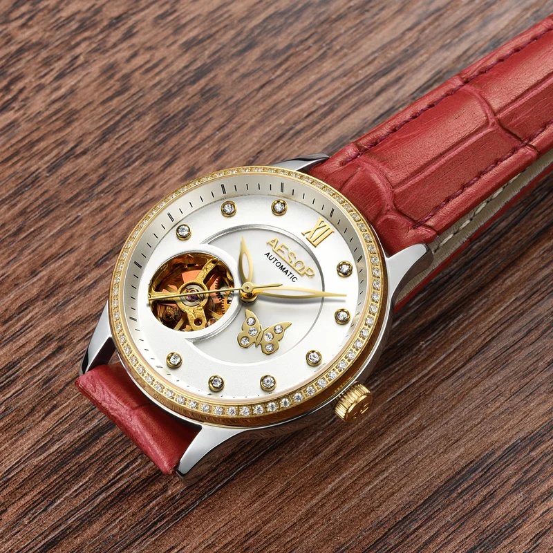 Женские автоматические часы AESOP механические с кожаным циферблатом и Красным