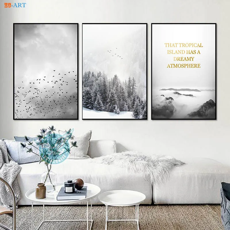 Плакаты с изображением снега тумана леса пейзажа принты черно белая Картина на