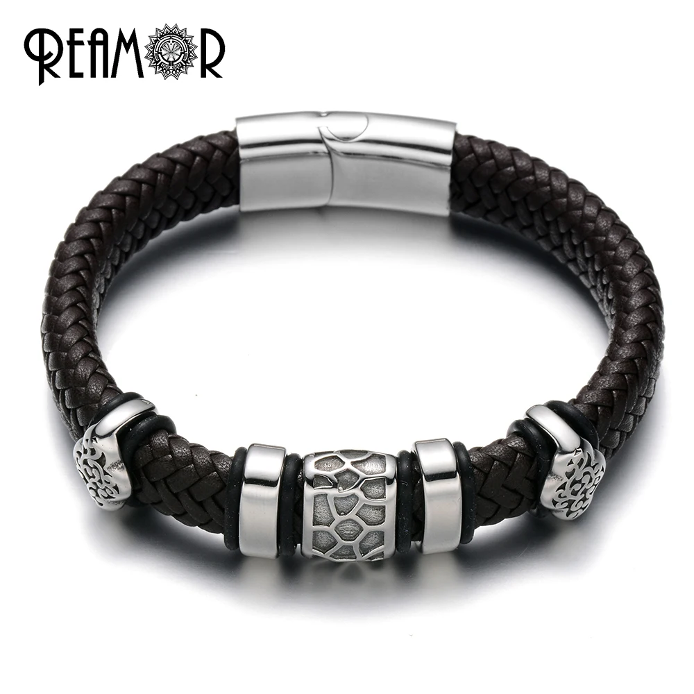 Мужской кожаный браслет REAMOR широкие плетеные браслеты из нержавеющей стали 316L с