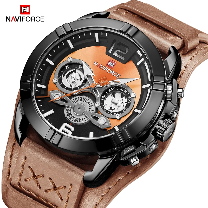 Часы NAVIFORCE мужские черные спортивные модные деловые кожаные водонепроницаемые