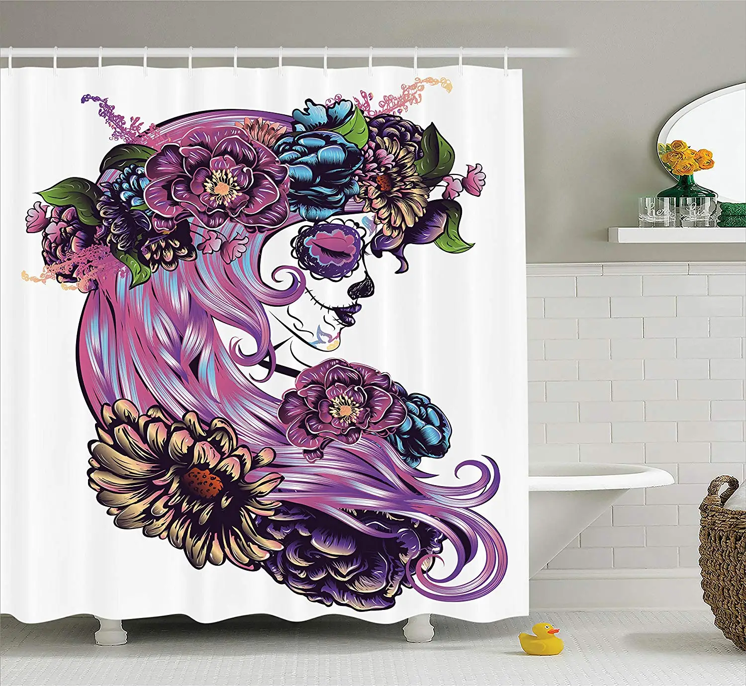 

Day of the Dead Illustration with Sugar Skull Girl in Decorative Flower Wreath Print Bathroom Curtain Blue Purple Pink