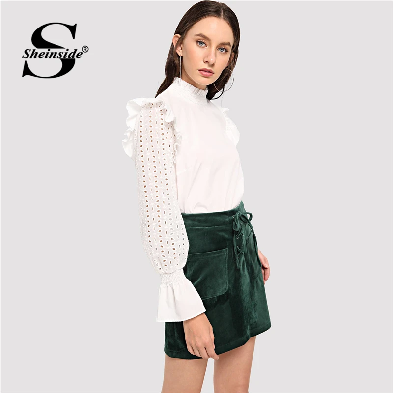 Sheinside, бежевый кружевной топ с рюшами и ушками, однотонная блузка, женские рубашки с длинным рукавом,, элегантные женские топы и блузки