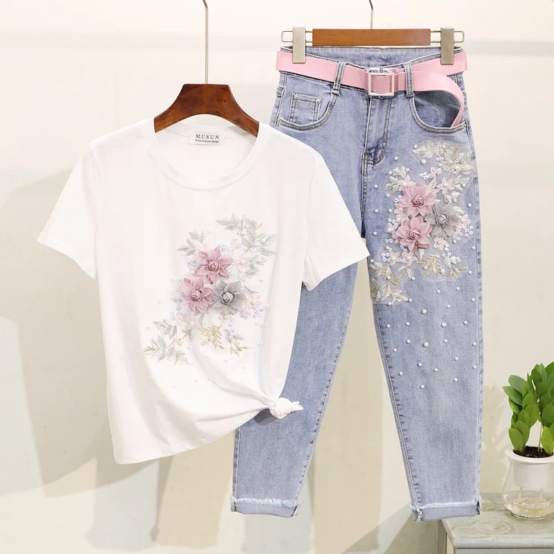 Футболка ALPHALMODA женская летняя с цветком и бусинами|Спортивные костюмы| |