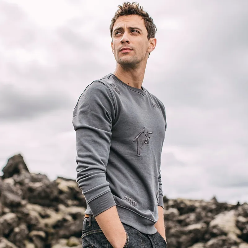 KUEGOU 2021 осень хлопок вышивка простая черная толстовка мужская Crewneck тонкая Мода