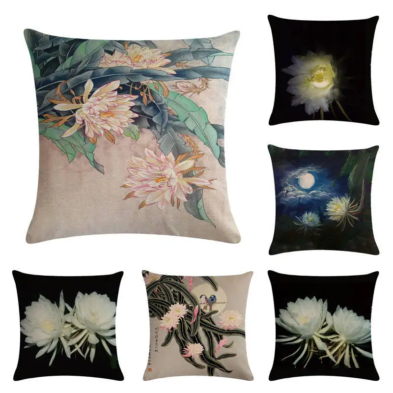 

Hot Selling White Epiphyllum Series Flax Pillow Cover Sofa And Automobile Cushion Cover