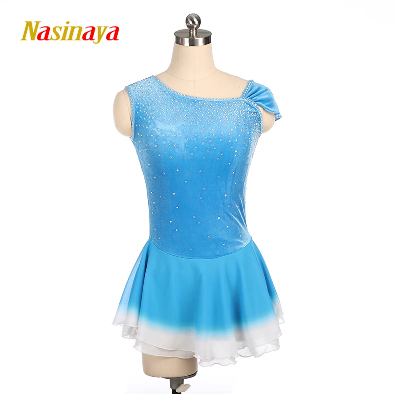 Figure Skating Dress Costume Customized Competition Ice Skating Skirt for Girl Women Kids Sky Blue Velvet