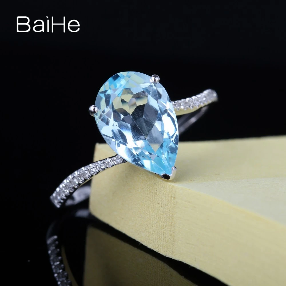 BAIHE Solid 14K белое золото 3.13CT груша безупречный настоящий голубой топаз подарок на