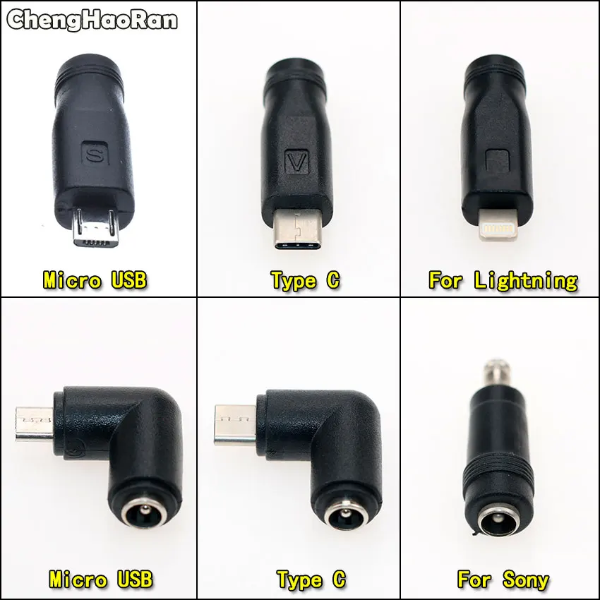 

ChengHaoRan Micro usb 5 Pin/Type C Male to 5.5 x 2.1 mm Female DC Plug Power Charger Adapter Straight & Right Angle Connector