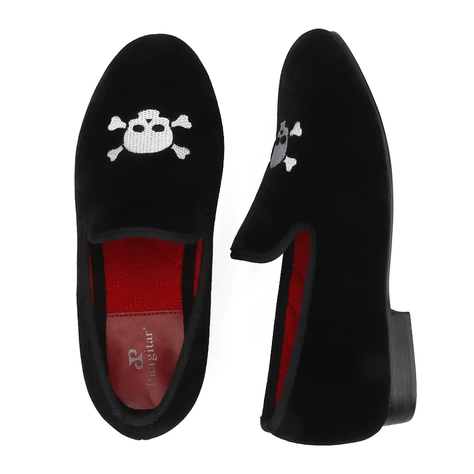 Piergitar 2019 New Handmade Children Velvet Shoes with Skull embroidery comfortably insole Party and birthday Children's Loafers |