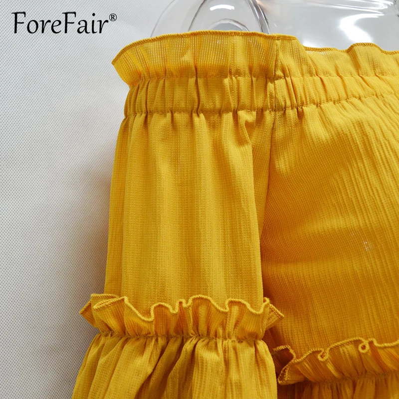 Forefair модная желтая Блузка с оборками для женщин 2017 вырезом лодочкой открытыми