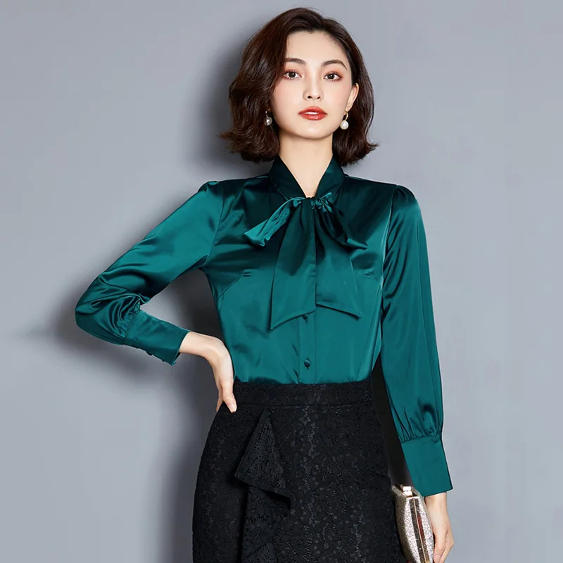 Green QoerliN шелковая блузка, Женские топы с длинным рукавом и бабочкой, рубашки, модные зеленые блузки, женские синие топы для девушек, плюс размер, рабочая одежда, блузы - Цвет: Green